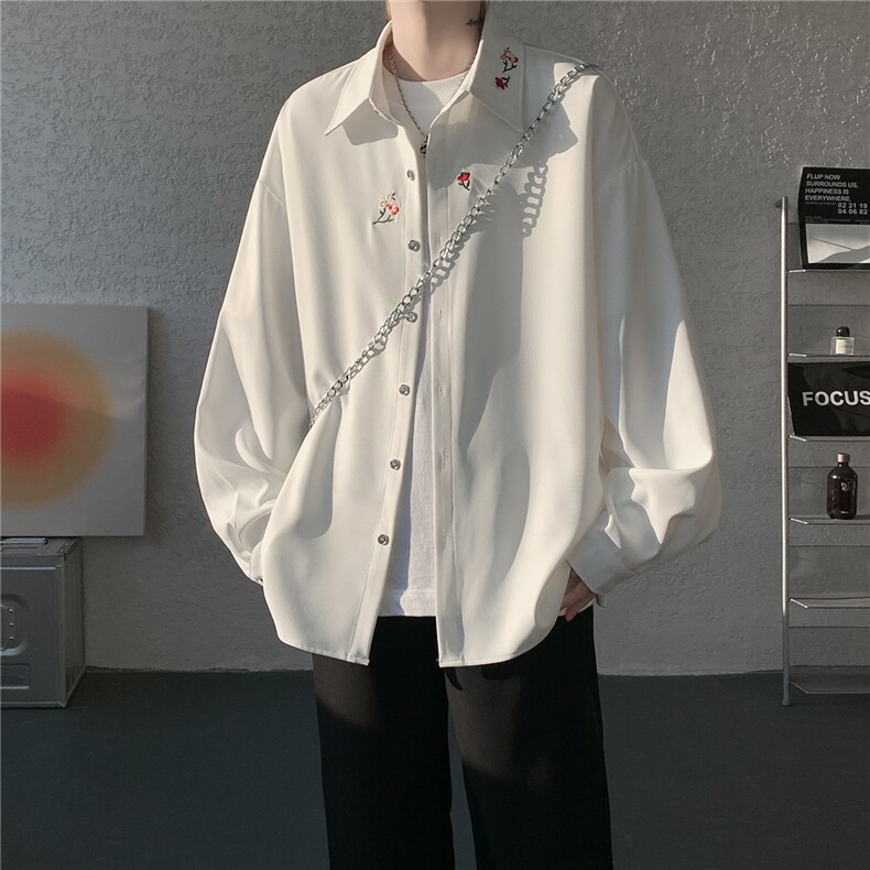 春夏新中式花卉刺绣长袖衬衫大码高级垂感风痞帅衬衣LC305特P45，男装衬衫，电商B215