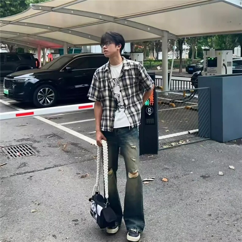 美式复古撞色毛边格子防晒短袖衬衫宽松休闲薄款衬衣CSY36,男装防晒衣,星座208-5