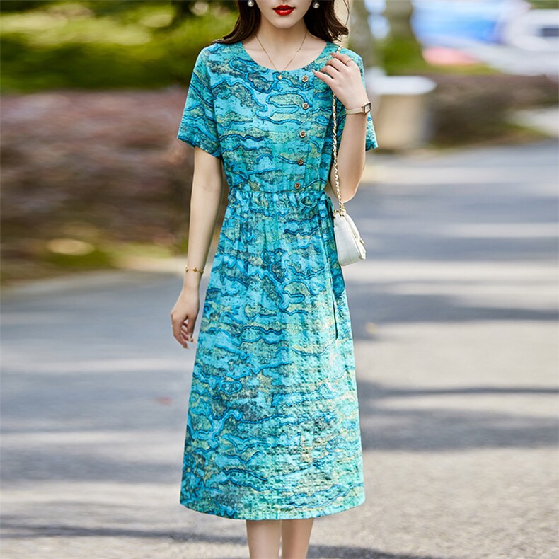 碎花连衣裙女2024夏季新款韩式显瘦棉麻风中年妈妈小个子复古裙子，女装连衣裙，超帛