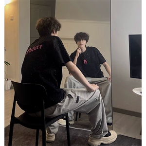 抖音得物供货现货美式潮美式满天星亮片潮牌宽松印花T恤AMTX03