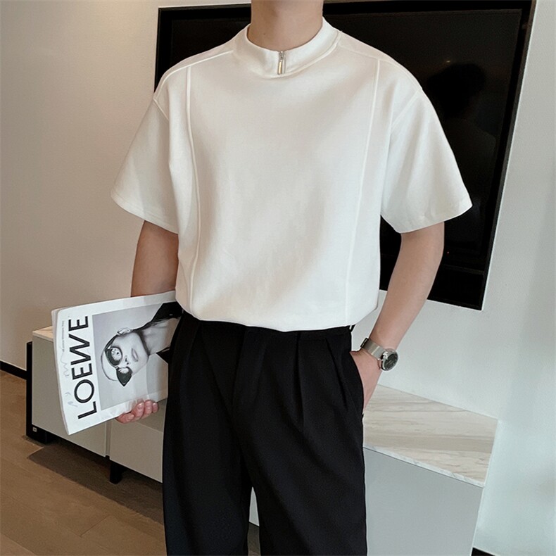 夏季纯色半拉链高级短袖T恤男士设计宽松圆领半袖体恤TX1222-P48图片