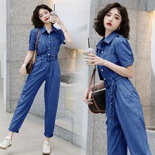 2021夏装新款时尚个性气质翻领修身显瘦牛仔连体裤，女装连体裤，奋斗女王