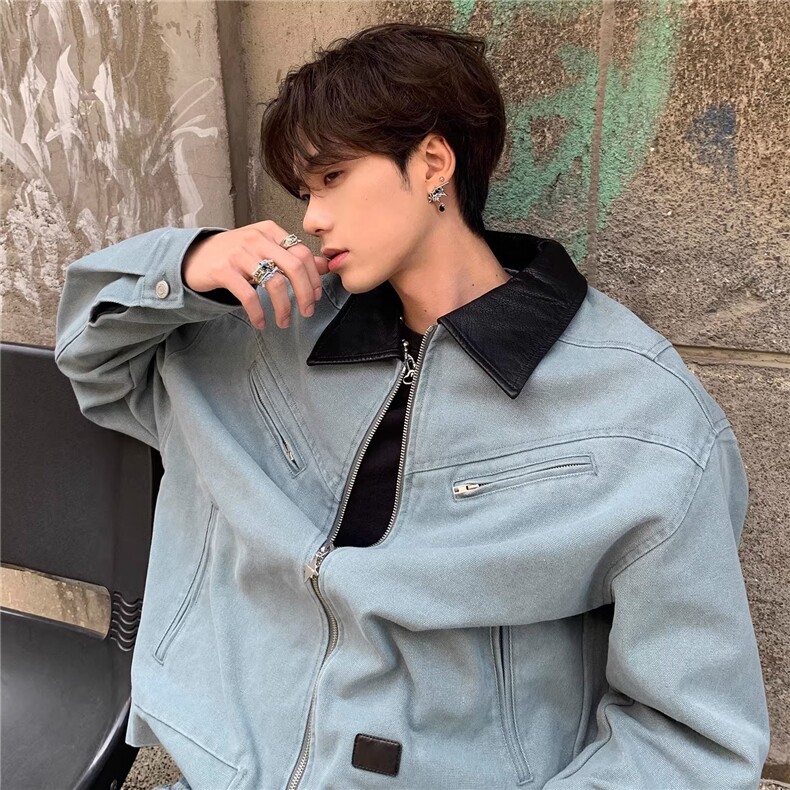 有货。登山布拼皮夹克W6975-P65，男装夹克，星座412-3