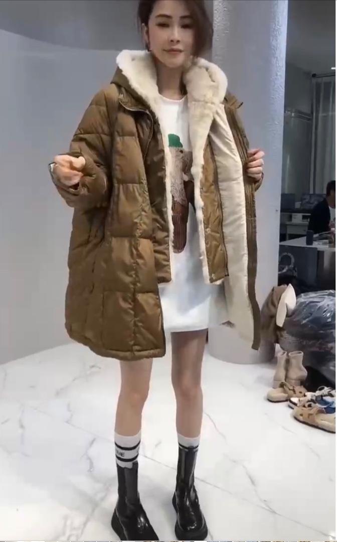 2021欧洲站时尚连帽拼真兔毛可拆卸中长款保暖羽绒服外套,女装羽绒服,L·H·X