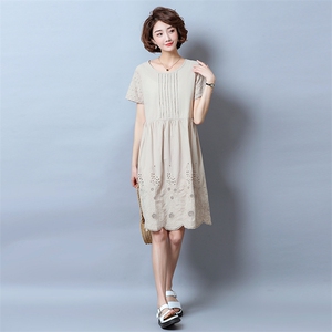2021年夏季圆领纯色宽松腰时尚印花短袖简约百搭淑女中长款图片