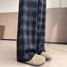 窄版直筒毛呢格子裤女秋冬新款大码显瘦上复古慵懒拖地阔腿裤，女装休闲裤，云美莎专业女裤-全店现货