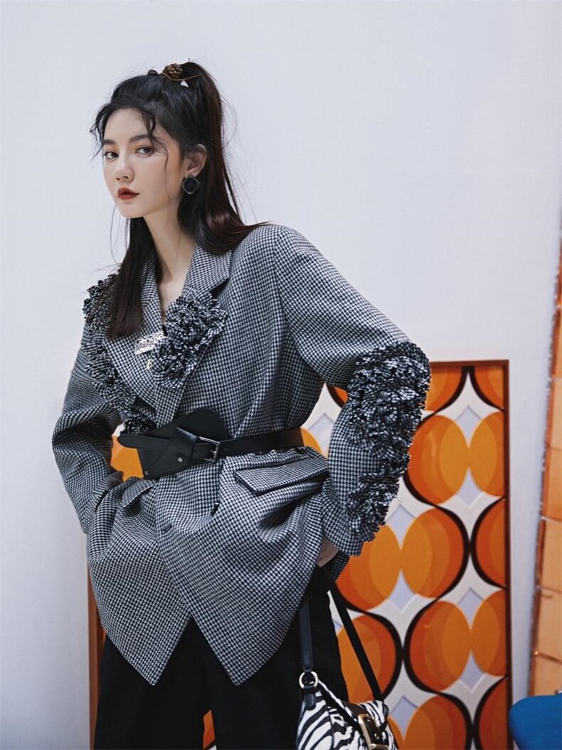 夹棉千鸟格西装外套，女装西装，YOUER DENG