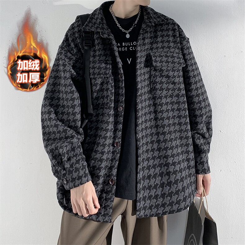 冬款加绒加厚韩版夹克男千鸟格翻领毛呢外套J25861J加绒-P80图片