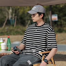 夏季新圆领条纹T恤衫男士半袖日系潮牌男装宽松短袖t恤TX166-P45，男装T恤，星座1109-1