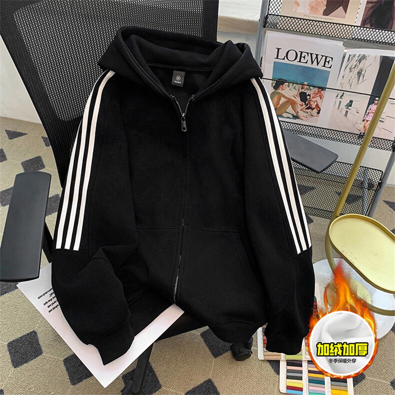 480G重磅加绒硬挺boxy男女秋冬美式高街结构三条杠卫衣开衫厚外套图片