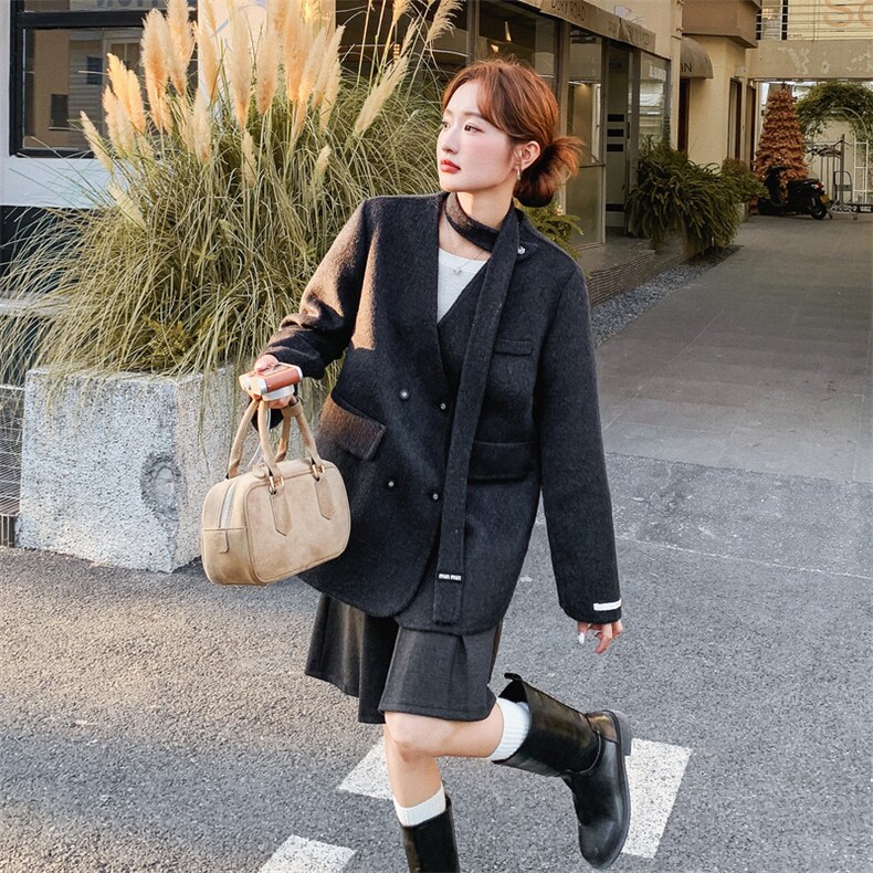 韩系黑色收腰双面呢羊毛西装外套女秋冬2025新款气质高级感大衣,女装毛呢外套,2B187