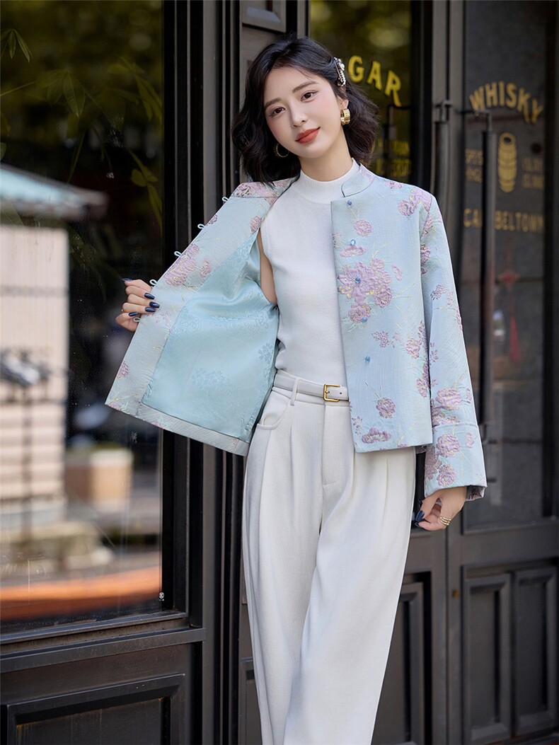蓝色温柔撞色刺绣提花短外套女春秋新款中式风漂亮上衣,女装短外套,水衣源