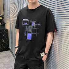 夏季港风大码宽松方格短袖T恤男圆领纯棉中袖卫衣模灰T9555，男装T恤，星座1207