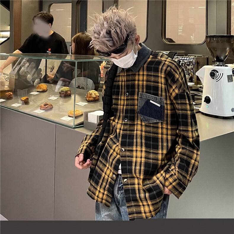 J02美式高级感黄色格纹格子衬衫女原创复古宽松百搭衬衣潮,男装针织衫/毛衣,星座308A-1（原309B-1）