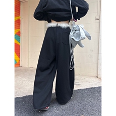 77lin美式复古毛绒腰带弯刀休闲裤男女秋季宽松香蕉阔腿拖地长裤，男装休闲裤，星座506A