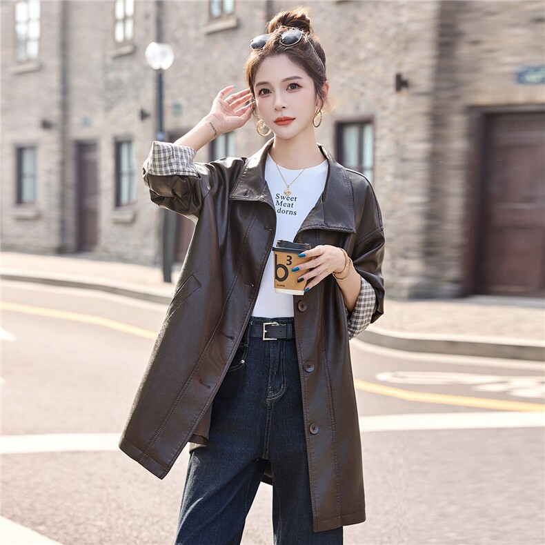 皮衣外套女2025秋季新款气质格纹腕袖中长款上衣,女装皮衣,英标秀（1C119）