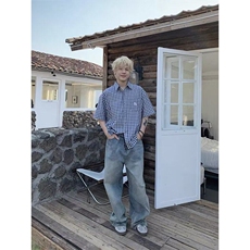 夏季美式复古格子短袖衬衫男刺绣翻领五分袖沙滩氛围感薄款衬衣男，男装T恤，星座506A
