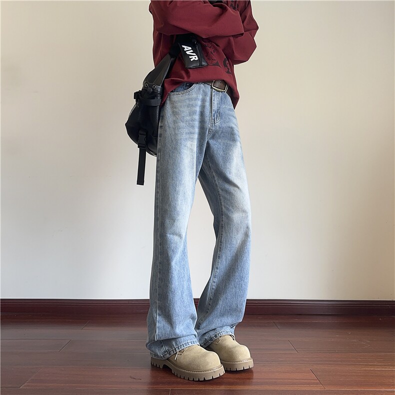 美式水洗做旧牛仔裤男春秋季潮牌修身显腿长cleanift拖地微喇裤子图片