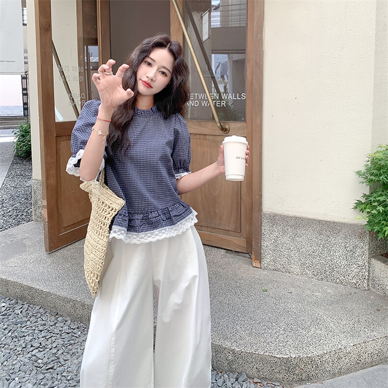 蕾丝拼接格子衬衫阔腿裤套装女夏2025新款超火绝美松驰感ootd爆款,女装套装/套裙,1C150
