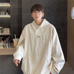 港风 秋装潮美式复古压印立体情侣卫衣PU皮衣外套男女G1066 P78图片