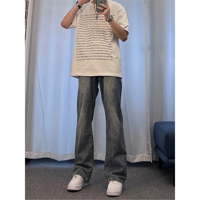 美式hiphop牛仔裤修身直筒微喇叭裤 控价68图片