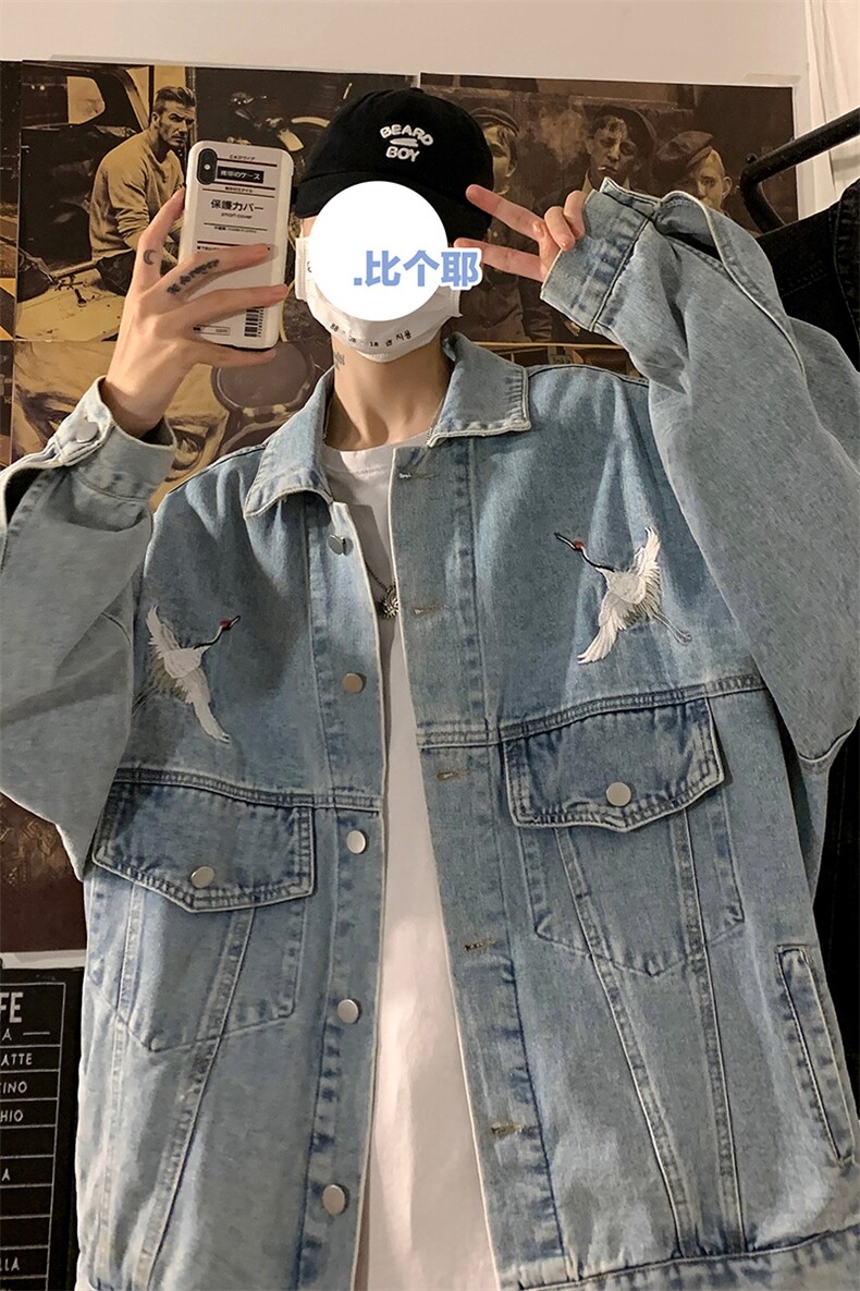 2021秋季新港风海报墙日系大码男仙鹤刺绣牛仔夹克外套NJ125-P70,男装夹克,电商A001