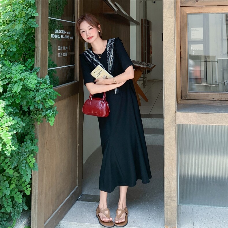 黑色韩版慵懒风松弛感印花披肩连衣裙女2025夏季新款时尚T恤长裙,女装连衣裙,2C057