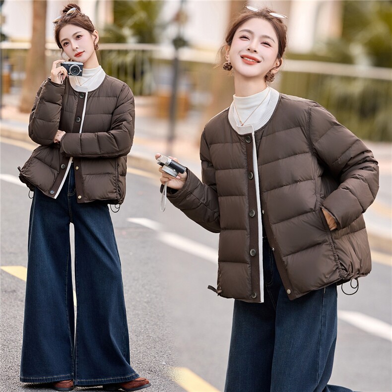 2025冬季新款时尚撞色圆领白鸭绒羽绒服女外套,女装羽绒服,美沁