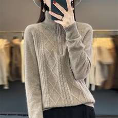 一线成衣~100纯羊毛半开领加厚毛衣女秋冬内搭打底宽松立领针织衫，女装羊毛衫，昭美羊绒
