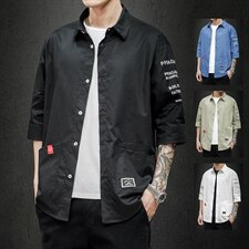 2021夏季新日系大码男马切达个性印花绣标宽松七分袖衬衫C553-P40，男装衬衫，电商A001