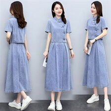天丝牛仔连衣裙女夏季2024新款两件套洋气减龄套装裙宽松大码套装，女装套装/套裙，关键词