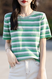 正肩短袖条纹T恤女2025夏季新款小个子纯棉显瘦宽松圆领体恤上衣图片