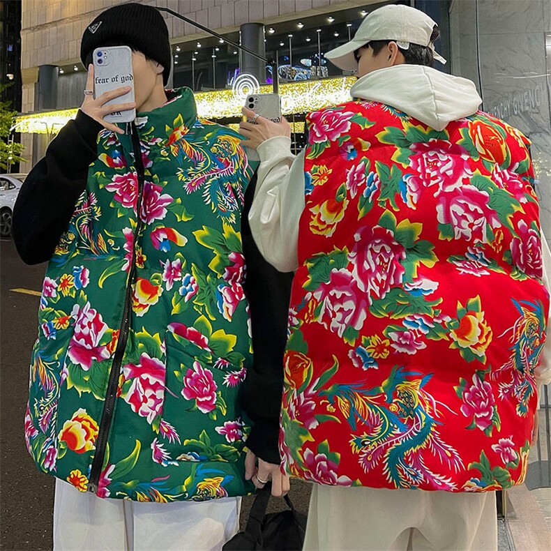M3风东北大花棉马甲外套大码宽松秋冬汉服外衣坎肩背心演出服图片