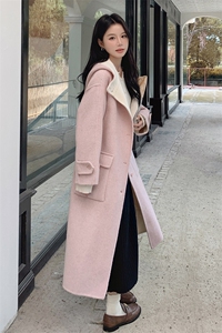 韩系甜美连帽双面羊毛大衣女2025秋冬季新款显瘦保暖长款呢子外套图片