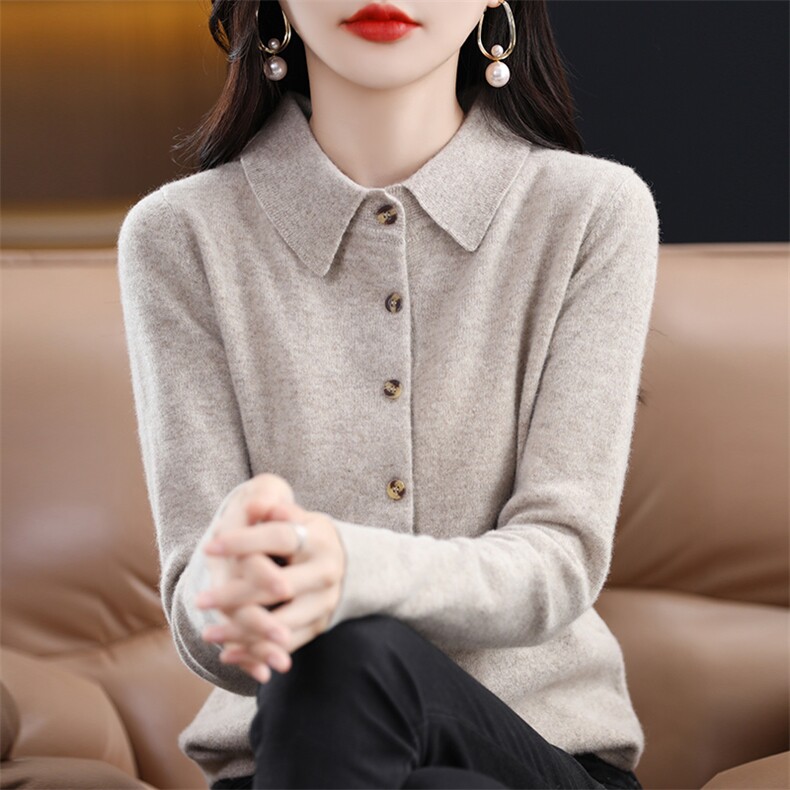 粉色开衫衫女衬衫羊毛针织衫外搭上衣气质毛衣外套春秋款,女装羊毛衫,美轩羊绒