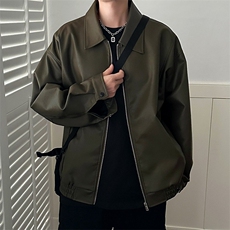 W639-P66痞帅Pu皮衣小众设计感潮牌双拉链垫肩皮夹克男机车服，男装皮衣，电商B323A