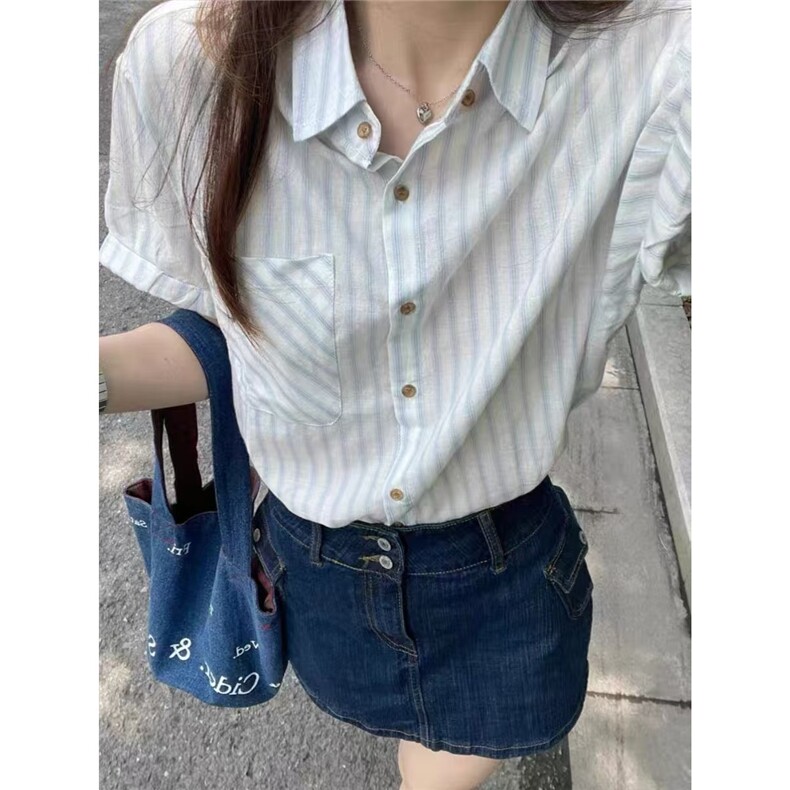 韩系小个子polo领蓝色条纹短袖衬衫女夏季温柔风百搭独特短款上衣,男装衬衫,星座1210-1