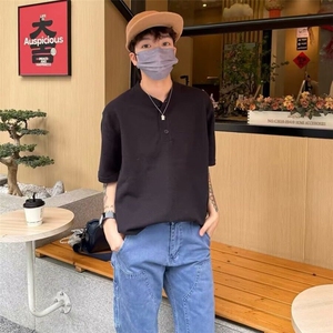 2025时尚亨利领简约基础短袖上衣男女宽松百搭休闲高级感半袖t恤图片