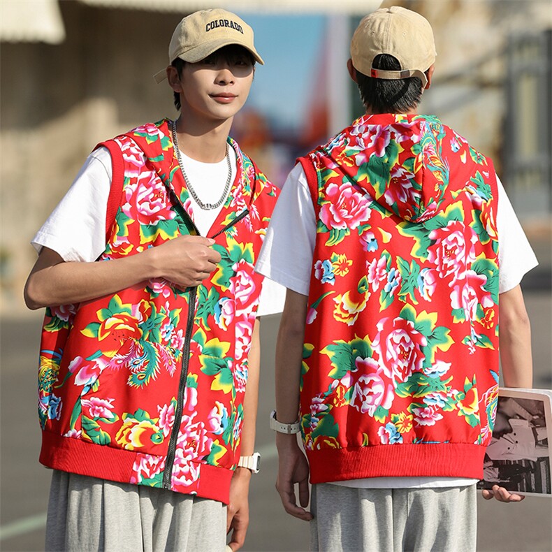 B02东北大花连帽拉链大码风汉服民族特色马甲背心坎肩潮男女，男装背心/马甲，星座115A(原星座507）