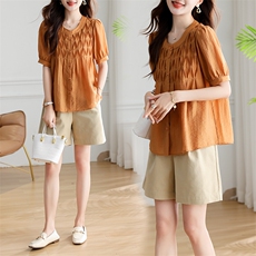 【优】天丝气质简约泡泡袖显瘦短袖衬衫007品牌折扣店25夏上衣女，女装衬衫，深水步