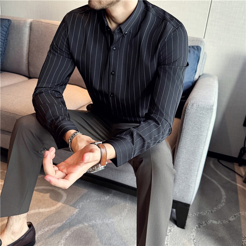厚款质感宽条纹长袖衬衫男士商务免烫抗皱衬衣咖啡色C805-P58,男装衬衫,电商A213