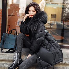 玫红色羽绒服女中长款90白鸭绒大毛领外套【高仿毛下架】图片