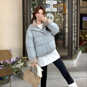 现货新款韩版宽松立领撞色格子袖口羽绒服短款外套百搭洋气图片