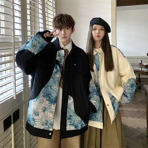 1港风情侣刺绣拼接设计棉衣大码M-5XL夹克棉服外套8706P115控158图片