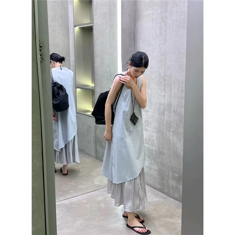 2025年夏季单件长裙无袖U型领流光裙连衣裙,女装连衣裙,洛丽兰可