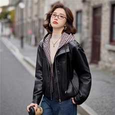 加绒皮衣外套女连帽格子拼接上衣2025冬季新款加厚毛皮夹克机车服，女装皮衣，潮流依族