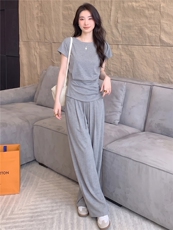 盐系时尚穿搭减龄套装女夏新款修身显瘦圆领短袖上衣阔腿裤两件套，女装套装/套裙，江南