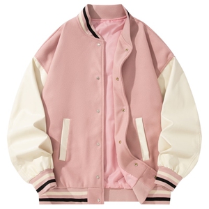 美式PU皮撞色棒球服毛呢宽松男女飞行夹克J826-P85图片