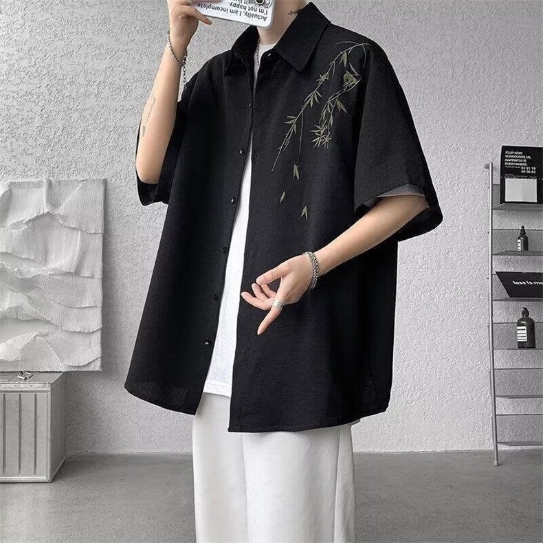 网络图现货风汉元素竹子刺绣春秋宽松百搭长袖衬衫JY36-P30,男装衬衫,星座715-7