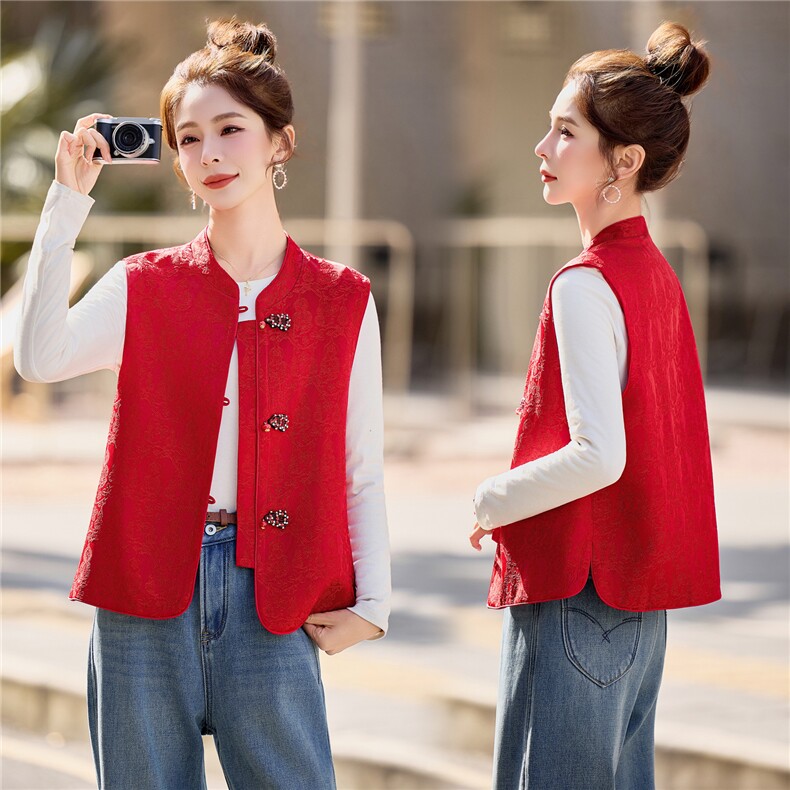 6306春装马甲百搭圆领红色喜庆马夹外套，女装马甲，微微衣阁